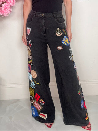 Black Patchwork Wide Leg Denim Pants - Born To Glam