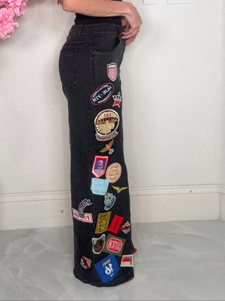 Black Patchwork Wide Leg Denim Pants - Born To Glam