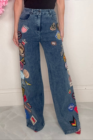 Blue Patchwork Wide Leg Denim Pants - Born To Glam