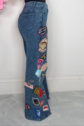 Blue Patchwork Wide Leg Denim Pants - Born To Glam