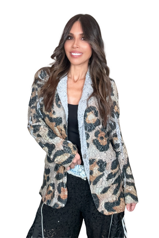 Grey Leopard Sequin Lace Blazer Jacket - Born To Glam