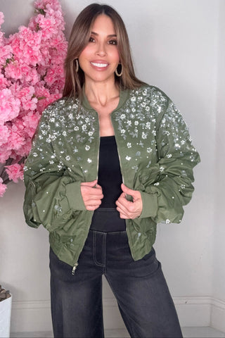 Olive Floral Pearl Long Sleeve Bomber Jacket - Born To Glam