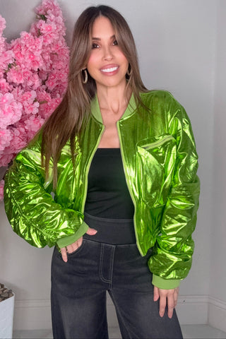 Lime Metallic Long Sleeve Bomber Jacket - Born To Glam