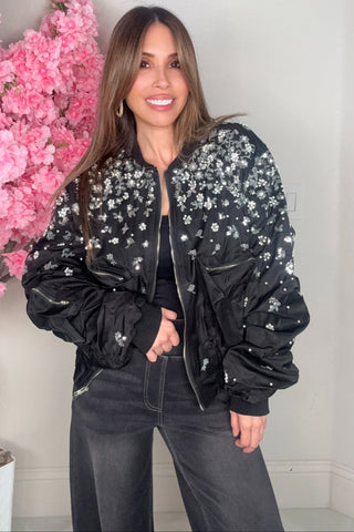 Black Floral Pearl Long Sleeve Bomber Jacket - Born To Glam