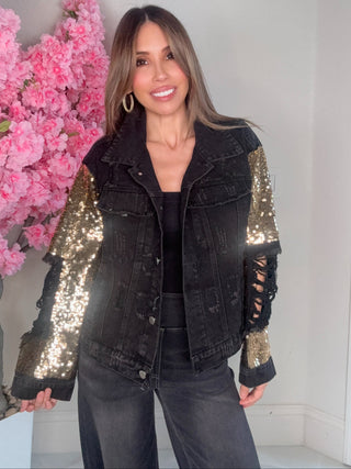 Black Gold Sequin Sleeve Denim Jacket - Born To Glam