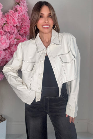 White Jewel Trim Long Sleeve Cropped Faux Leather Jacket - Born To Glam