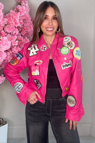 Pink Embroidered Patch Long Sleeve Faux Leather Jacket - Born To Glam