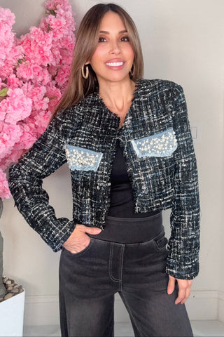 Blue Pearl Pocket Tweed Cropped Jacket - Born To Glam