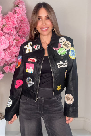 Black Embroidered Patch Long Sleeve Faux Leather Jacket - Born To Glam