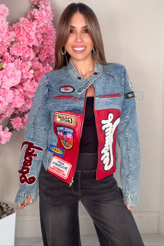 Blue Racing Patch Long Sleeve Moto Denim Jacket - Born To Glam
