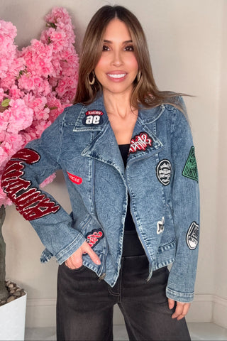 Blue Rock and Roll Patch Denim Moto Jacket - Born To Glam