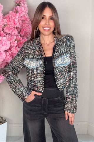 Black Pearl Pocket Tweed Cropped Jacket - Born To Glam