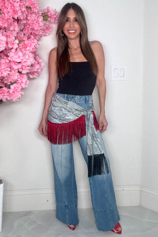 Gray Abstract Rhinestone Fringe One Sized Waist Sash