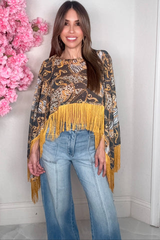 Black Gold Animal Chain Print Fringe One Sized Kimono