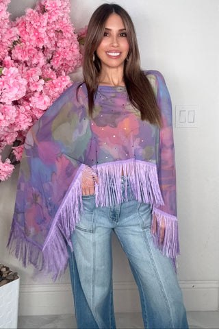 Purple Floral Rhinestone Fringe One Sized Cape