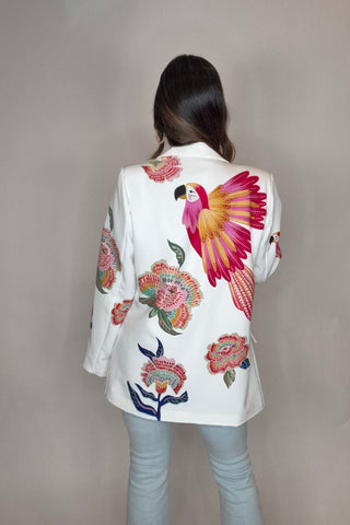 Italian White Parrot Printed Blazer - Born To Glam