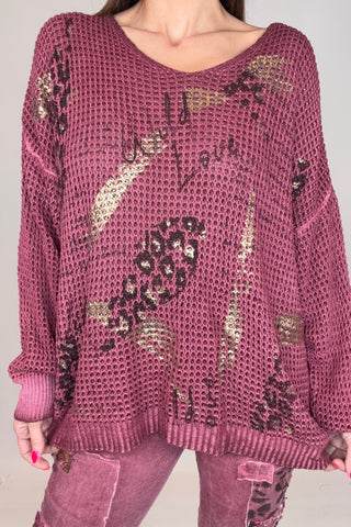 Wine Red Metallic Gold Waffle Knit - Born To Glam