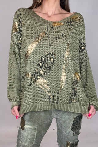 Avocado Green Metallic Gold Waffle Knit - Born To Glam