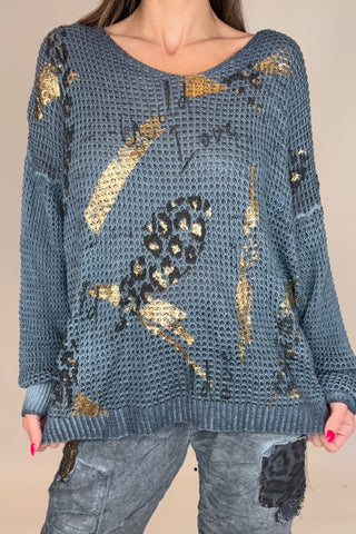 Denim Blue Metallic Gold Waffle Knit - Born To Glam