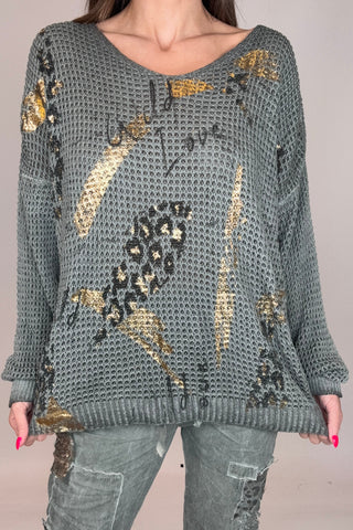 Camo Green Metallic Gold Waffle Knit - Born To Glam
