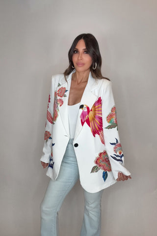 Italian White Parrot Printed Blazer - Born To Glam