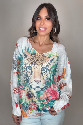 White Tiger Animal  Round Knit Printed Sweater - Born To Glam