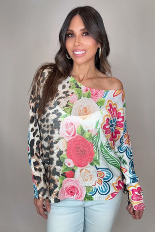 Floral Leopard Print Round Knit Printed Sweater - Born To Glam