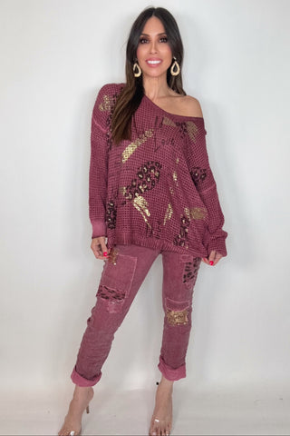 Wine Red Metallic Gold Waffle Knit - Born To Glam