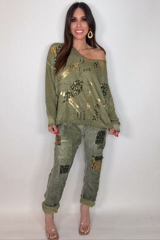 Avocado Green Metallic Gold Waffle Knit - Born To Glam