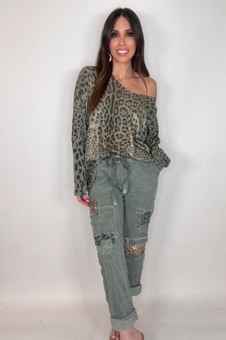 Camo Green Metallic Leopard Sweater - Born To Glam