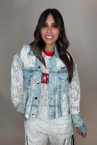 Cropped Denim Lace Contrast Jacket Top - Born To Glam