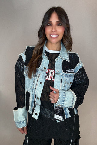 Cropped Denim Lace Contrast Jacket Top - Born To Glam