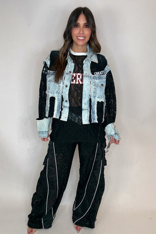 Cropped Denim Lace Contrast Jacket Top - Born To Glam