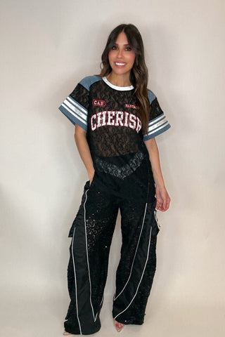 Lace Patchwork Graphic Tee with Denim - Born To Glam