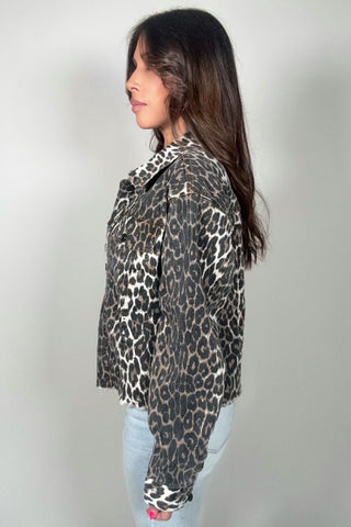 Leopard Print Button Up Denim Trucker Jacket - Born To Glam