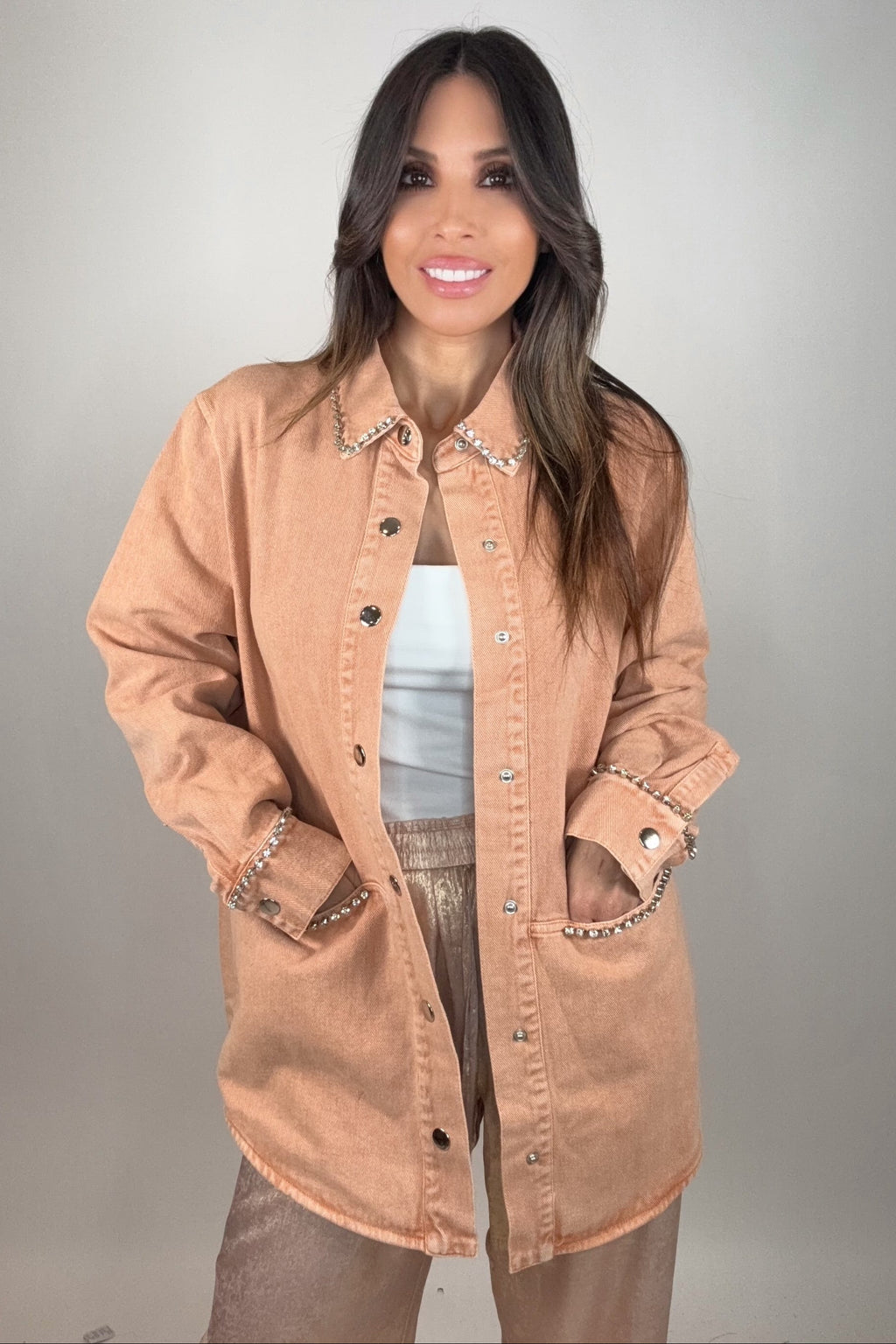 Fate Rhinestone Appliques Washed Denim Shacket