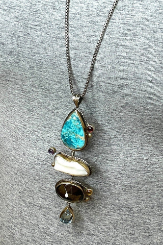 4 Tier Multi Gemstone Turquoise and Pearl Pendant - Born To Glam