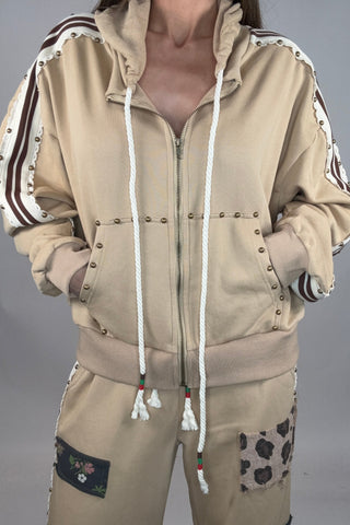 Tan French Terry Striped Elastic Trim Stud Knit Hoodie Top - Born To Glam