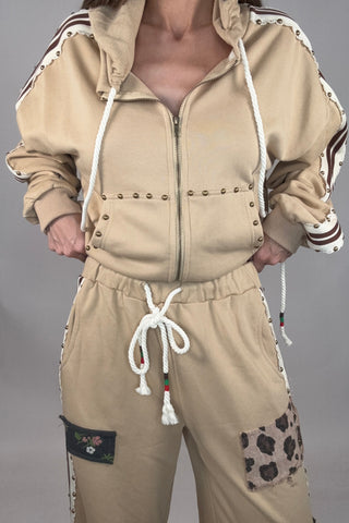 Tan French Terry Striped Elastic Side Stud Detail Knit Pants - Born To Glam