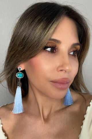 Turquoise Gemstone 925 Sterling Silver Tassel Earrings - Born To Glam