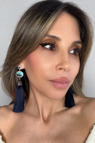 Turquoise Gemstone 925 Sterling Silver Tassel Earrings - Born To Glam