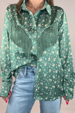 Olive Fringe Detail Button Down Shirt - Born To Glam