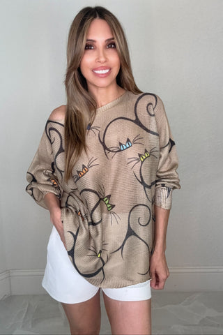 Style the Beige Whimsical Cat Print Knit Sweater exclusively at Born To Glam