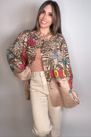 Olive Leopard Print Graffiti Jacket - Born To Glam