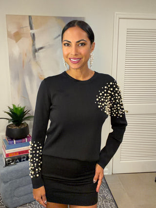 Black Pearl Embellished Long Sleeve Top - Born To Glam