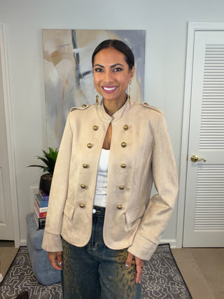 Beige Sueded Military Double Breasted Gold Button One Size Jacket - Born To Glam