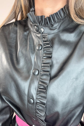 Black Ruffle Detail Pleated Faux Leather Dress - Born To Glam