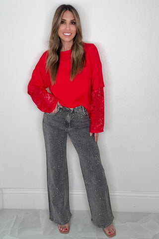Charcoal Rhinestone Wide Leg Jeans - Born To Glam