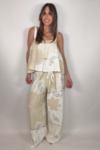 Natural Solid Lace Patch Detail Woven Pants - Born To Glam