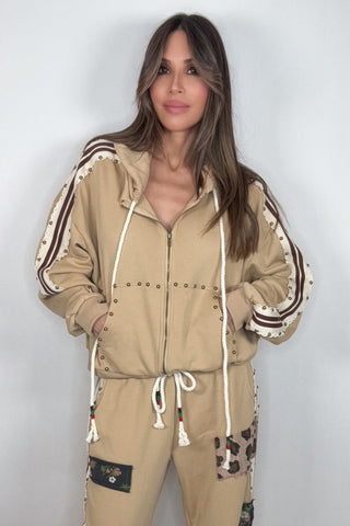 Tan French Terry Striped Elastic Side Stud Detail Knit Pants - Born To Glam